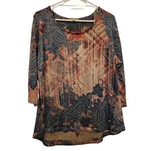 Energe World Wear Multicolor Paisley Floral 3/4 Sleeves Tunic Blouse Size 1X